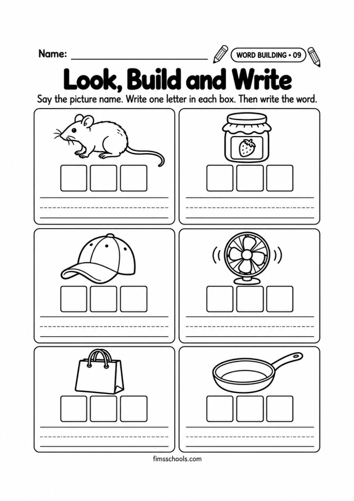 Short a word building worksheet 9, Look, Build and Write: write one letter in each box, then write the whole word