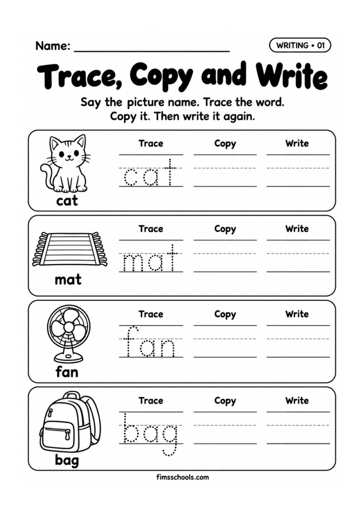 Short a writing worksheet 1, Trace, Copy and Write: trace the word, copy it, then write it again