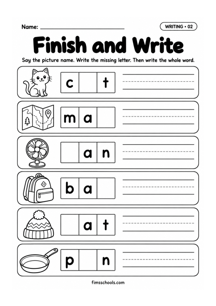 Short a writing worksheet 2, Finish and Write: write the missing letter, then write the whole word