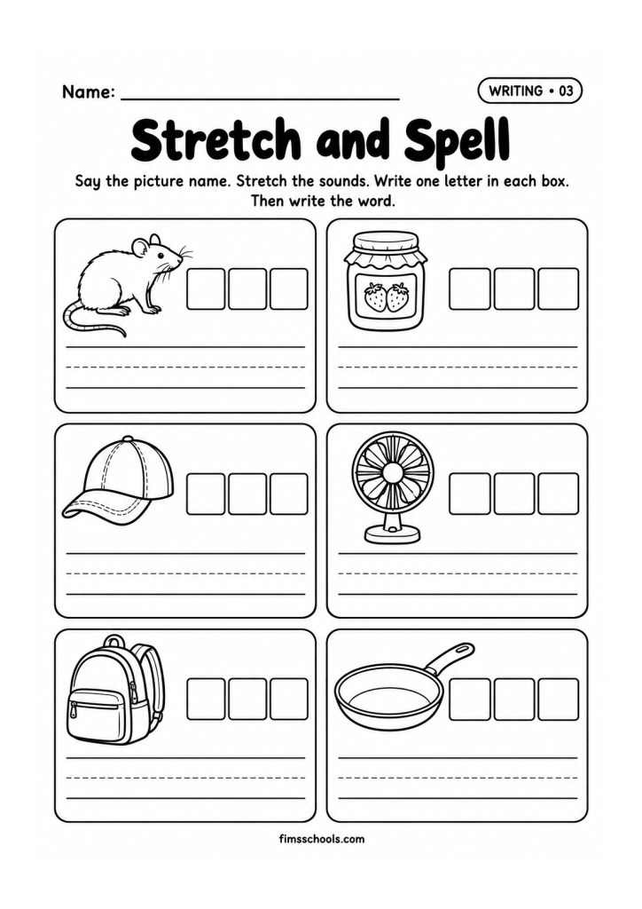 Short a writing worksheet 3, Stretch and Spell: stretch the sounds, write one letter in each box, then write the word