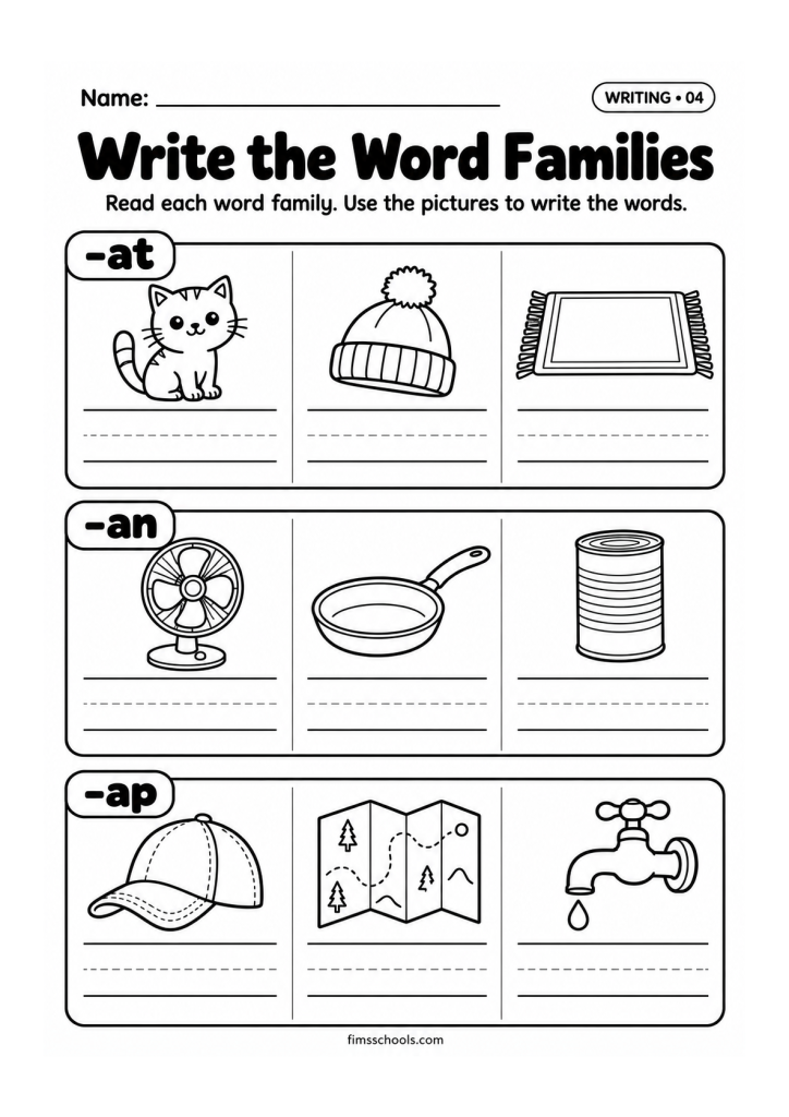 Short a writing worksheet 4, Write the Word Families: use the pictures to write the words in each family