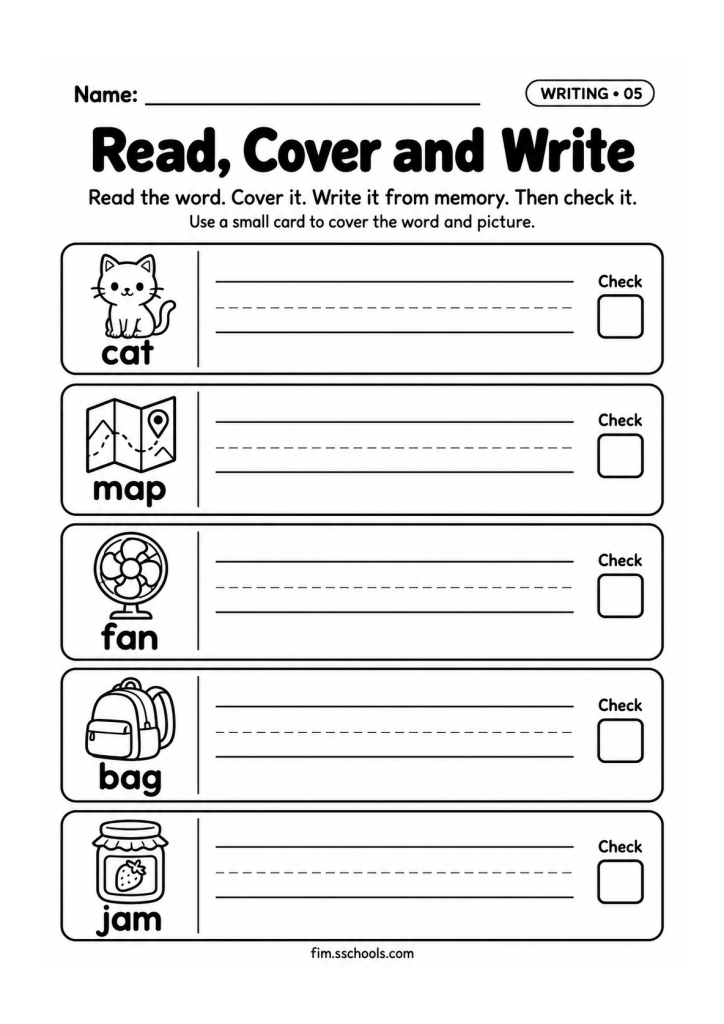 Short a writing worksheet 5, Read, Cover and Write: read the word, cover it, write it from memory and check