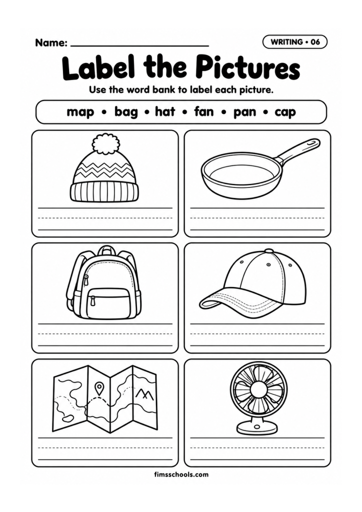 Short a writing worksheet 6, Label the Pictures: use the word bank to label each picture