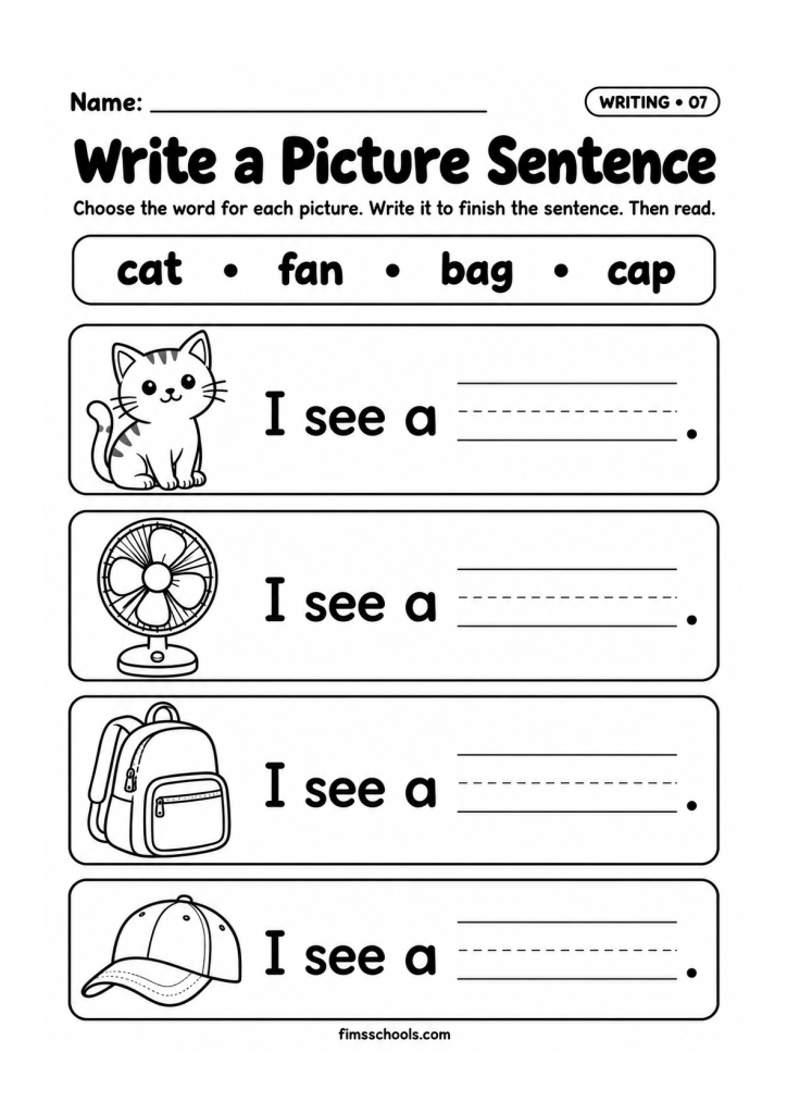 Short a writing worksheet 7, Write a Picture Sentence: choose the word to finish each I see a sentence