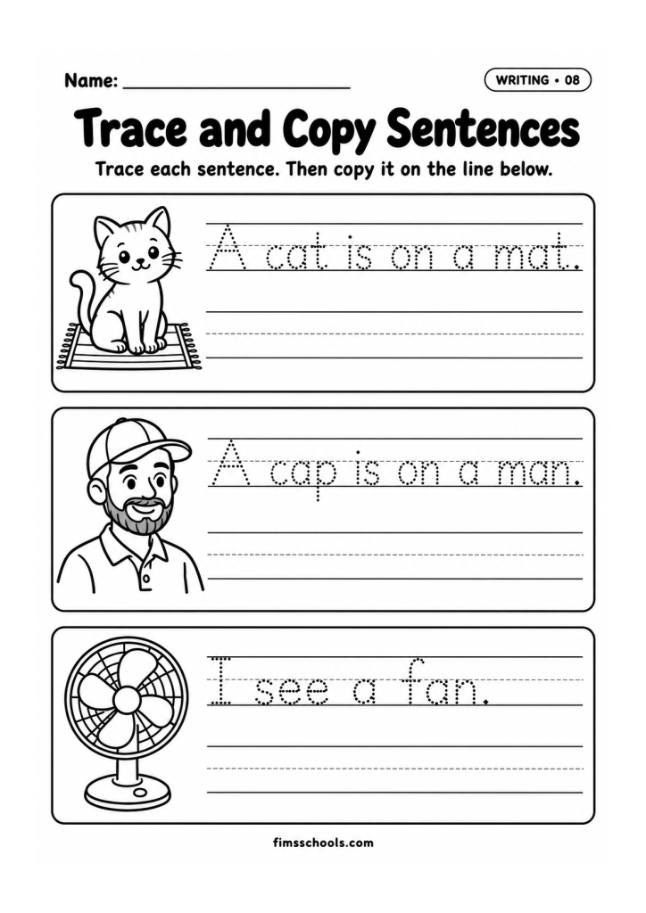 Short a writing worksheet 8, Trace and Copy Sentences: trace each sentence, then copy it on the line below