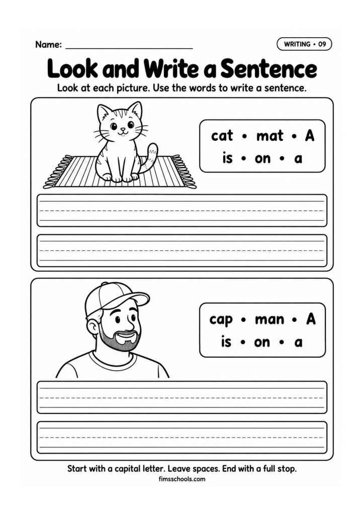 Short a writing worksheet 9, Look and Write a Sentence: use the word bank to write a full sentence about the picture
