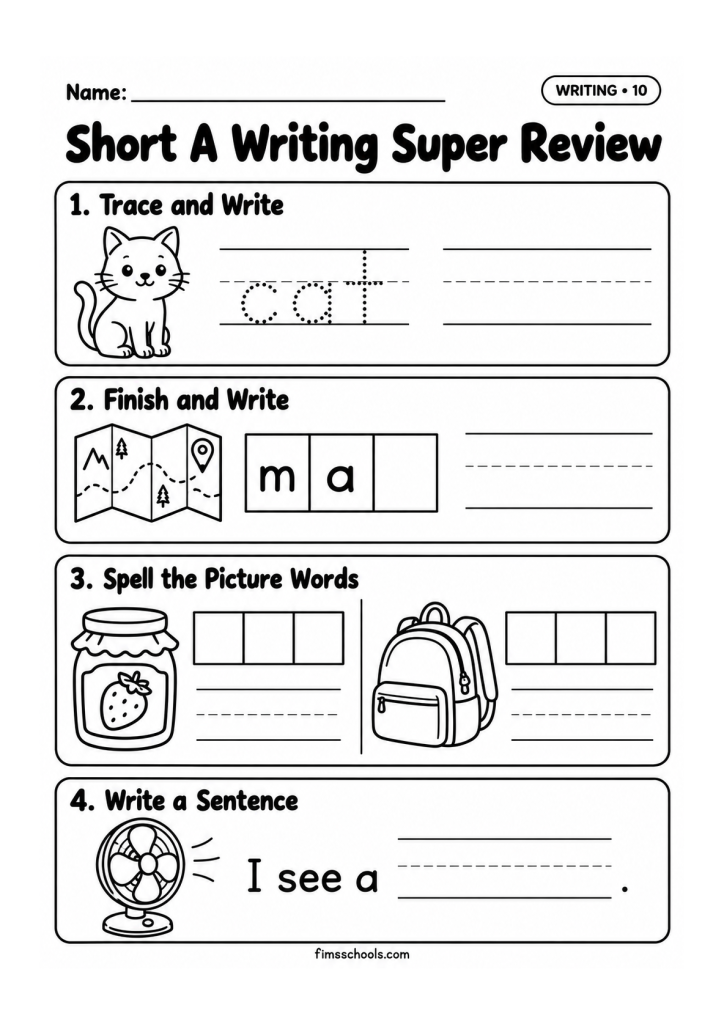 Short a writing worksheet 10, Writing Super Review: trace and write, finish and write, spell and sentence writing